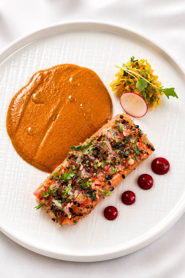 Gourmet spiced salmon fillet with rich masala sauce from the Christmas party menu at Panas Gurkha Restaurant in Blackheath.