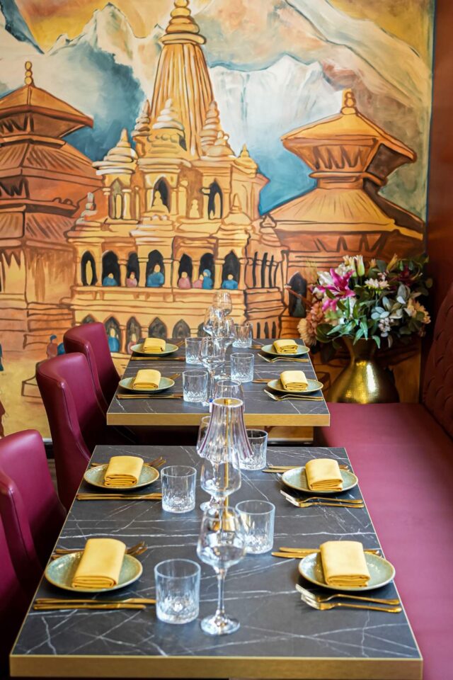 Elegant, comfortable table settings ready for guests at Panas Gurkha restaurant.