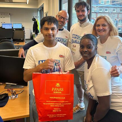 Panas Gurkha staff distributing fresh food donations to healthcare heroes in London.