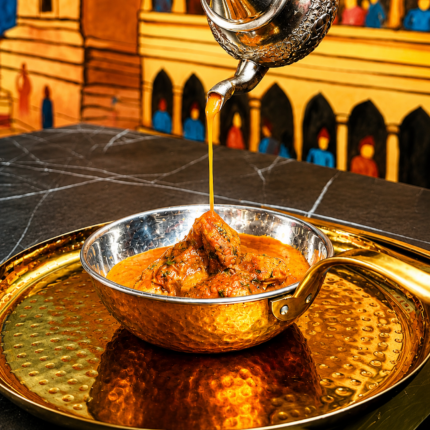 Authentic Nepalese chicken curry served in a traditional metal bowl on the Panas Restaurant menu.