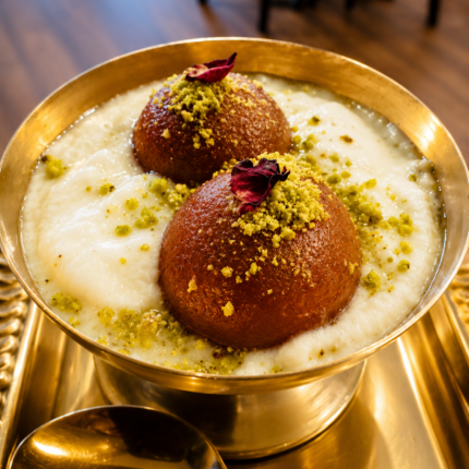 Traditional Indian and Nepalese Gulab Jamun dessert on the Panas Restaurant menu.