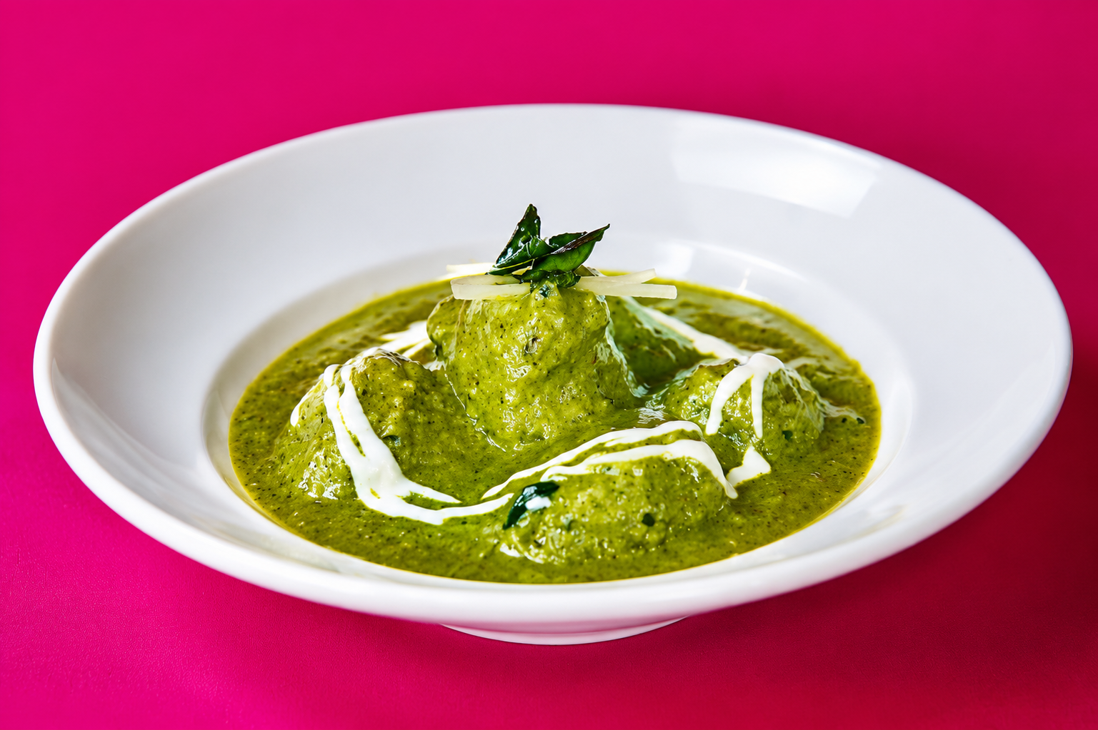 Vibrant green spinach curry drizzled with fresh cream and garnished with ginger juliennes.