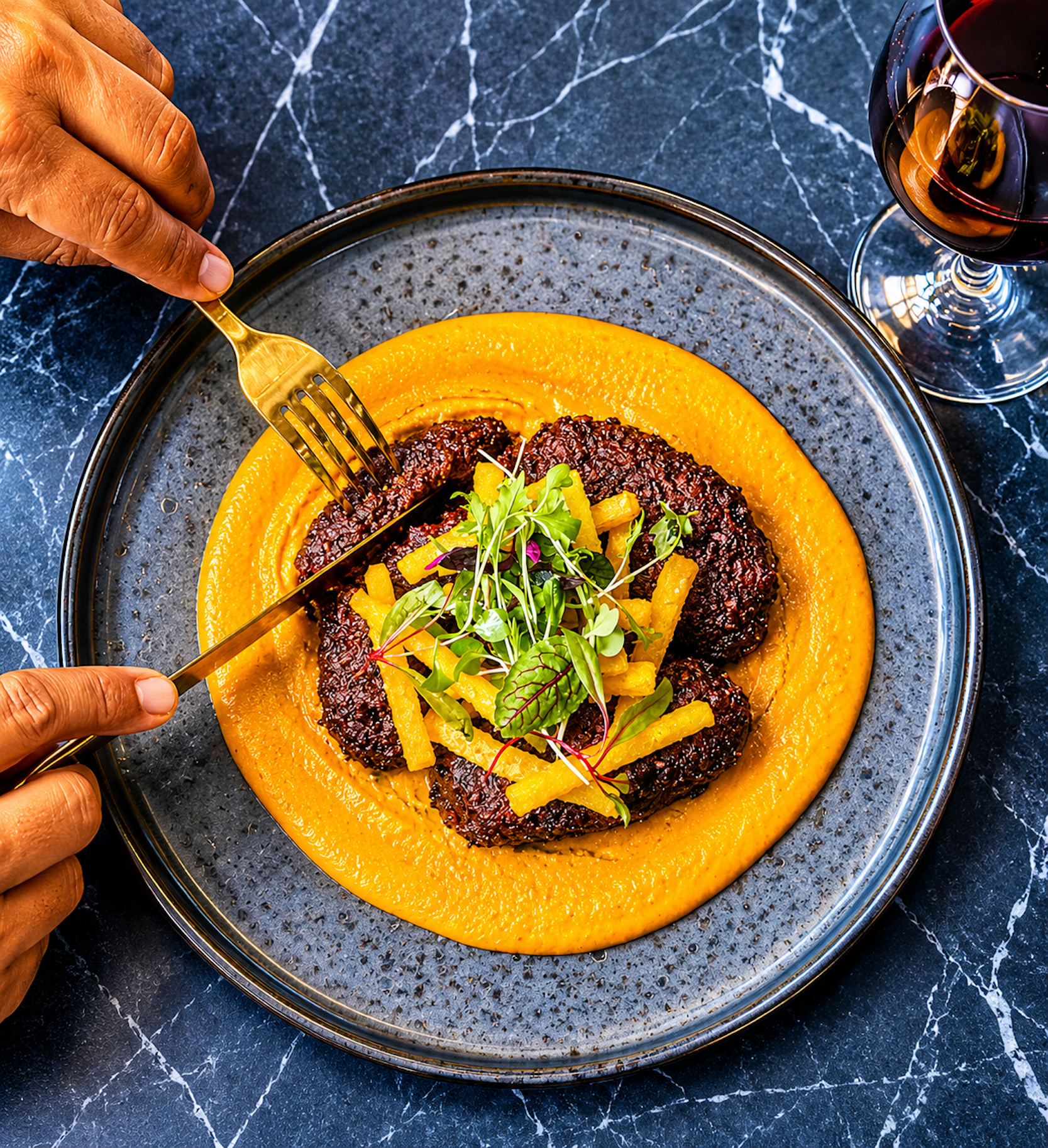 Artfully plated gourmet signature main course at Panas Restaurant.