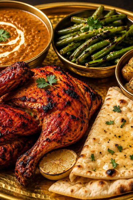 Spiced Sunday roast chicken served with herbed potatoes, green beans, and naan in Blackheath.