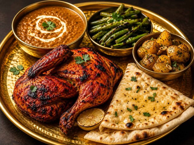 Spiced Sunday roast chicken served with herbed potatoes, green beans, and naan in Blackheath.