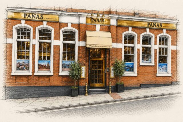 Architectural illustration of the Panas restaurant exterior, featuring red brickwork, arched windows, and gold signage by Sujan Katuwal MBE.