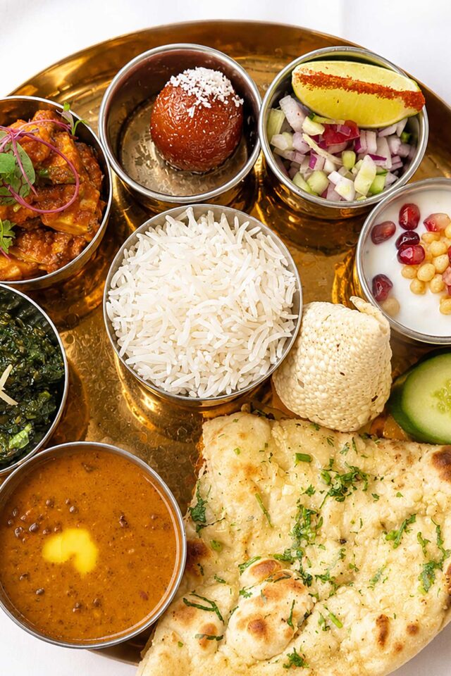 Traditional Thali platter from the set lunch menu, featuring basmati rice, garlic naan, assorted curries, dal, and gulab jamun on a brass plate.