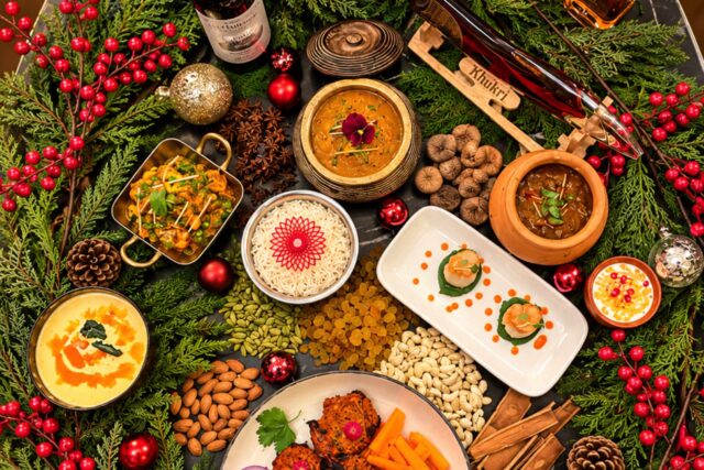 Festive Christmas feast featuring traditional curries, tandoori, and spices at Panas Restaurant.