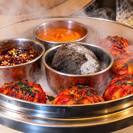 A steaming bamboo basket filled with bright red speckled dumplings, a striking black charcoal bun, and metal bowls of dipping sauces at Panas Restaurant.