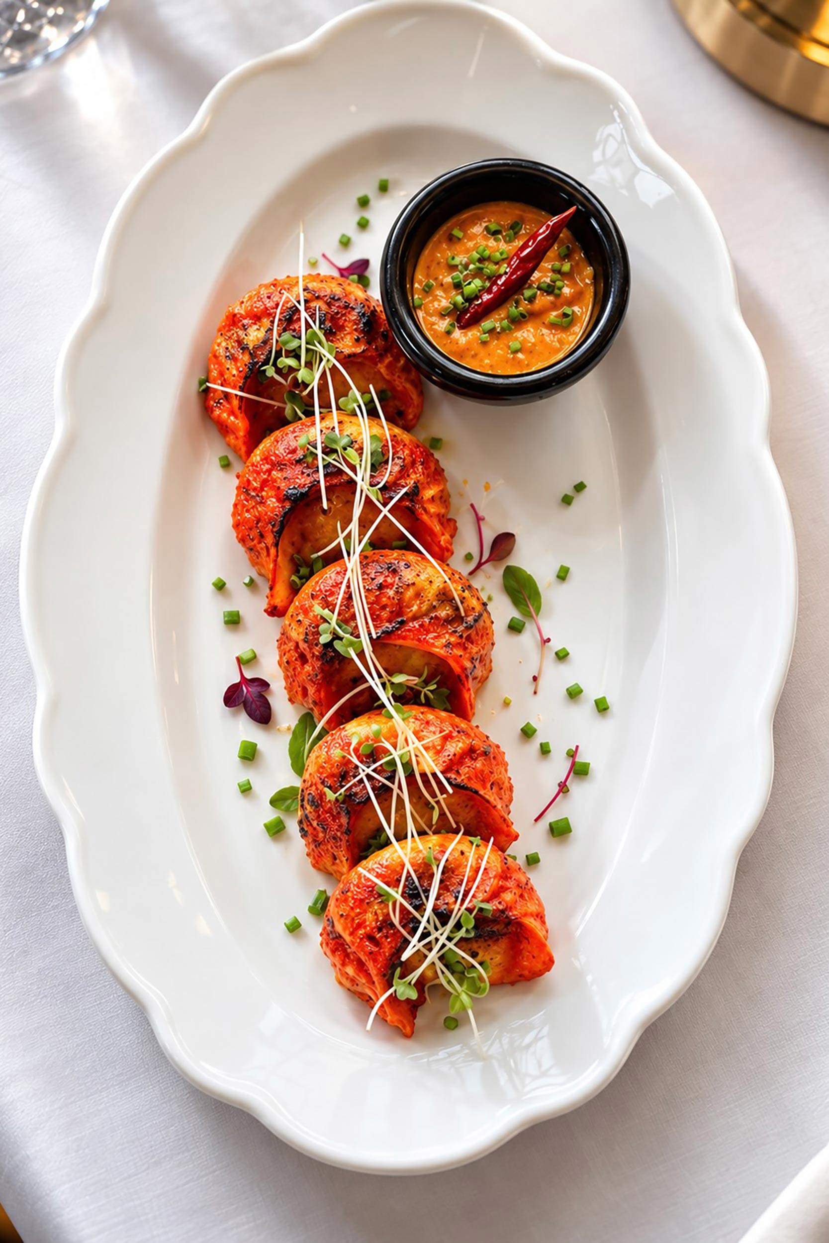 Five vibrant tandoori momo dumplings garnished with microgreens, served with a spicy chilli dipping sauce on a white platter at Panas Restaurant.